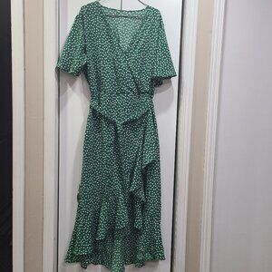 NWOT Green v neck dress white flowers, high low